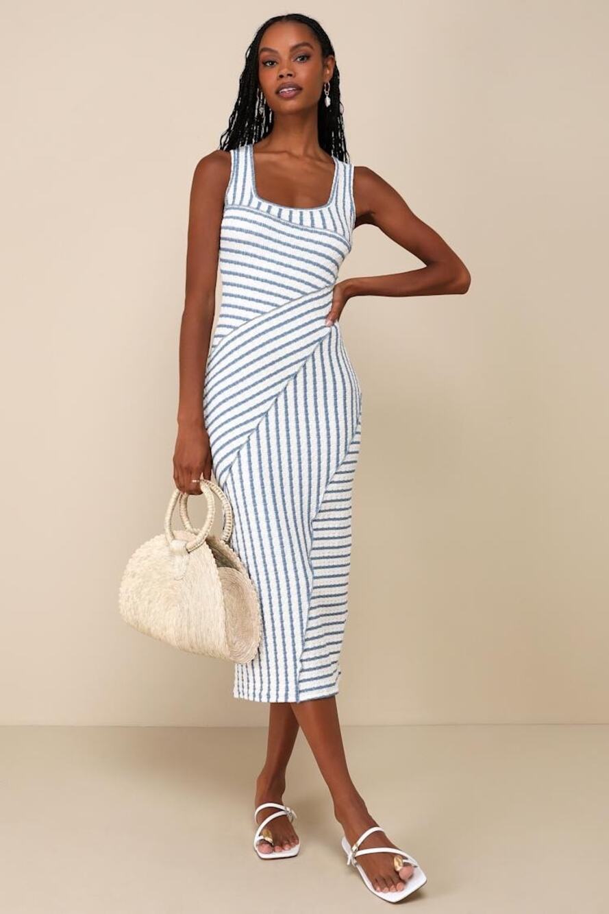 NWT Lulus Constantly Trendy Blue Striped Crinkle Bodycon Midi Dress Resort Sz S